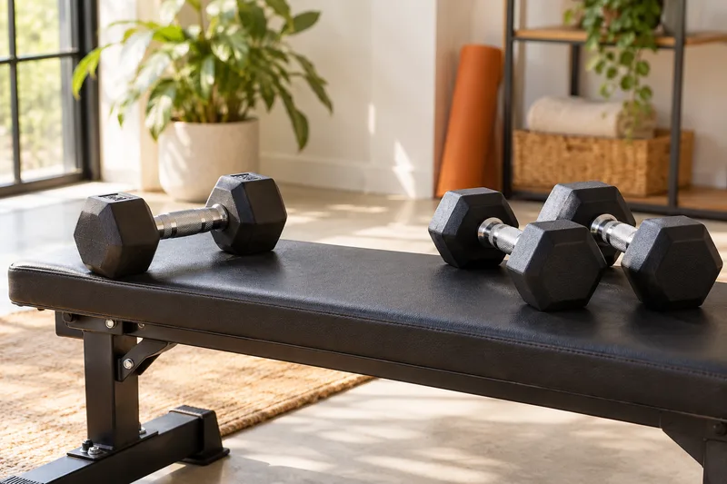 Eén dumbbell en een paar dumbbells naast een trainingsbank