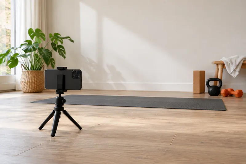 Telefoon op een statief voor een effen muur