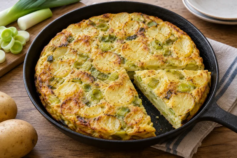 Frittata met aardappelschijfjes en prei in een koekenpan, met een losgesneden punt.