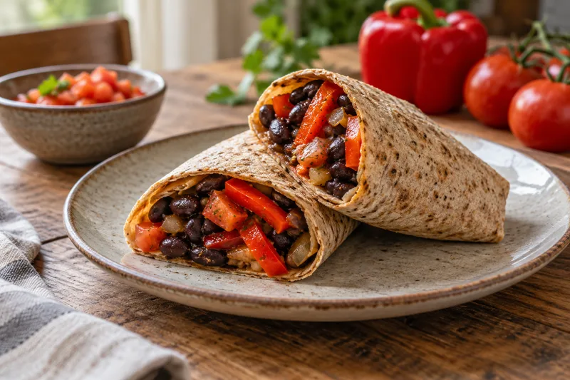 Doorgesneden volkorenwrap met zwarte bonen, paprika en tomaat