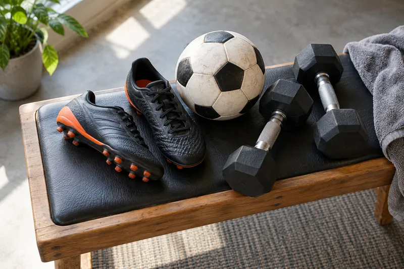 Voetbalschoenen, een voetbal en dumbbells