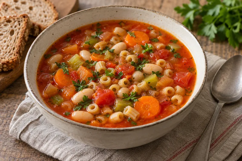 Kom tomaten-groentesoep met witte bonen en kleine volkorenpasta