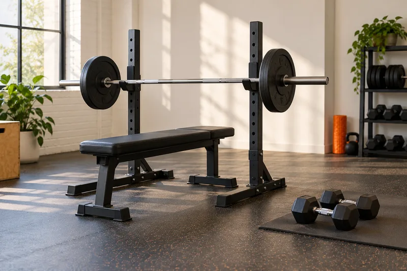 Een vlakke bank met een halterstang op het rek en dumbbells op een mat