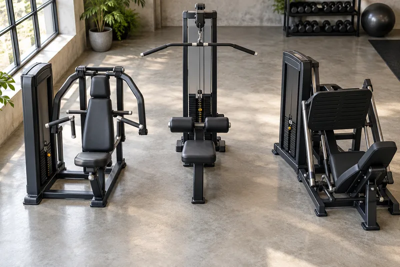 Chestpress, latpulldown en legpress in een sportschool
