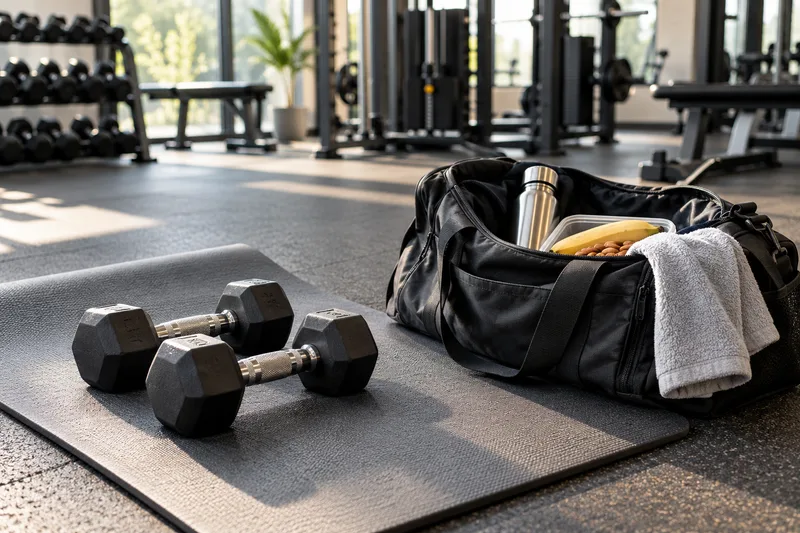 Twee dumbbells en een mat naast een sporttas