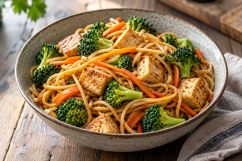 Kom met lange noedels, stevige tofublokjes, broccoliroosjes en wortelreepjes