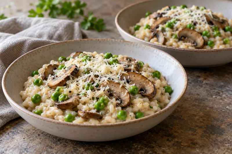 Risotto met champignons, doperwten en Parmezaanse kaas
