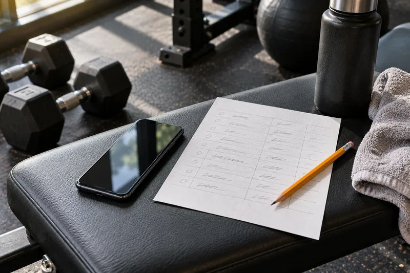 Telefoon en papieren trainingsnotities op een bank