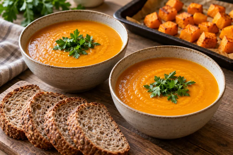 Twee kommen pompoensoep met peterselie en volkorenbrood