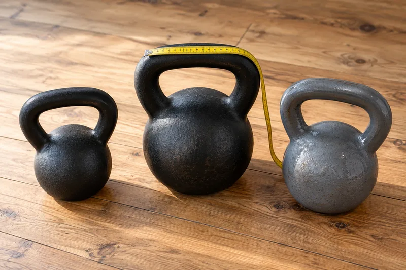 Drie kettlebells met een meetlint op een houten tafel