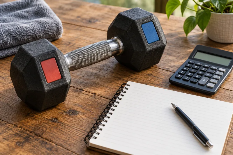 Dumbbell, rekenmachine en open notitieboek op een houten tafel