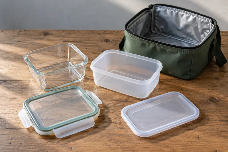 Glazen en kunststof maaltijdbakjes met losse deksels en een koeltas