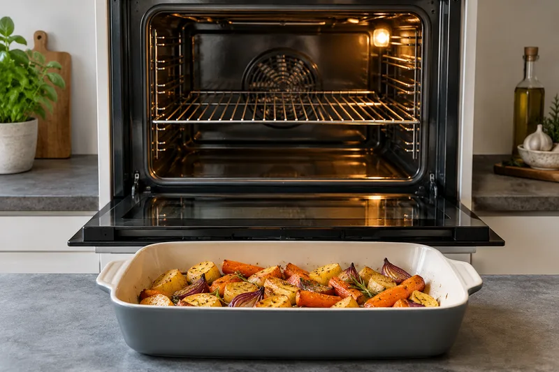 Open oven met een rooster en een ovenschaal ervoor