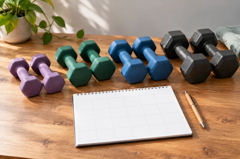 Dumbbells naast een open weekplanner