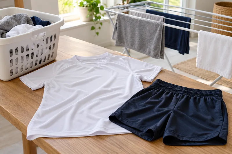 Sportshirt en sportshort naast een wasmand en droogrek