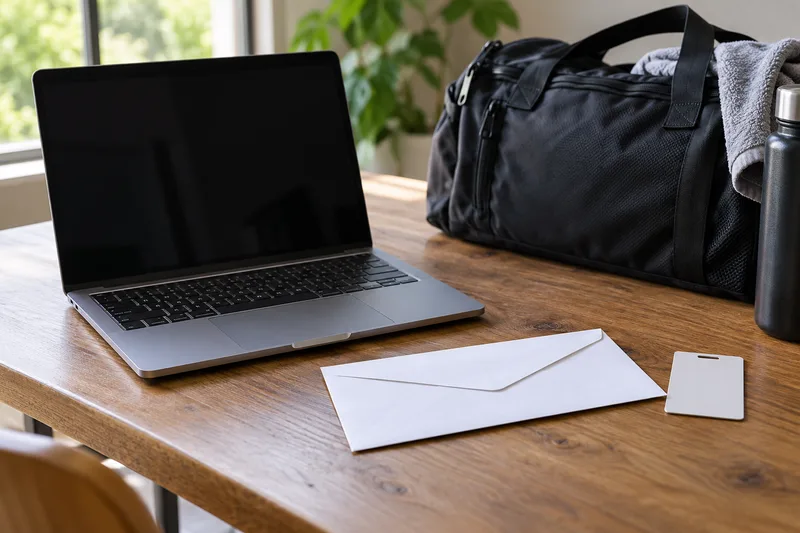 Laptop, envelop en een toegangskaart op tafel