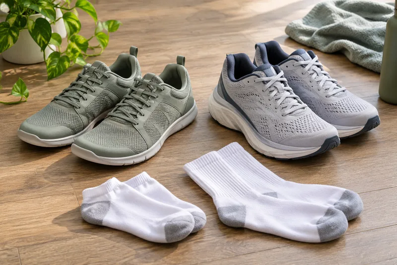 Twee paren sportschoenen en sokken op een houten tafel