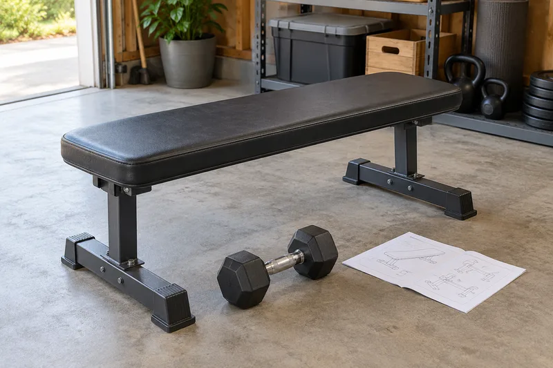Vlakke trainingsbank en dumbbell naast een document in een garage