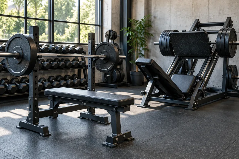 Halterbank en schuine legpress in een sportschool