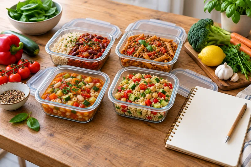 Vier maaltijdbakjes met chili en rijst, pasta, soep en couscous naast een blanco planner