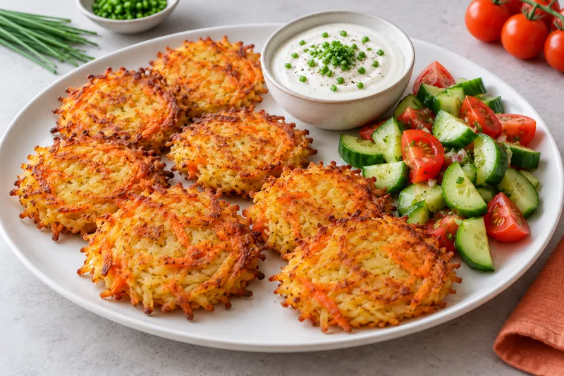 Dunne aardappel-wortelkoekjes met kwark-bieslookdip en rauwkost.