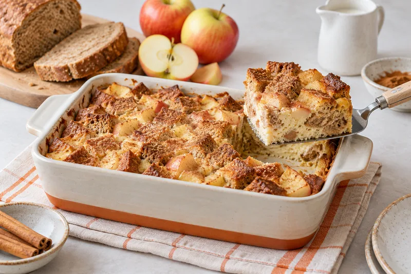 Gebakken broodblokjes met appel en een volledig gestold ei-kwarkmengsel in een ovenschaal.