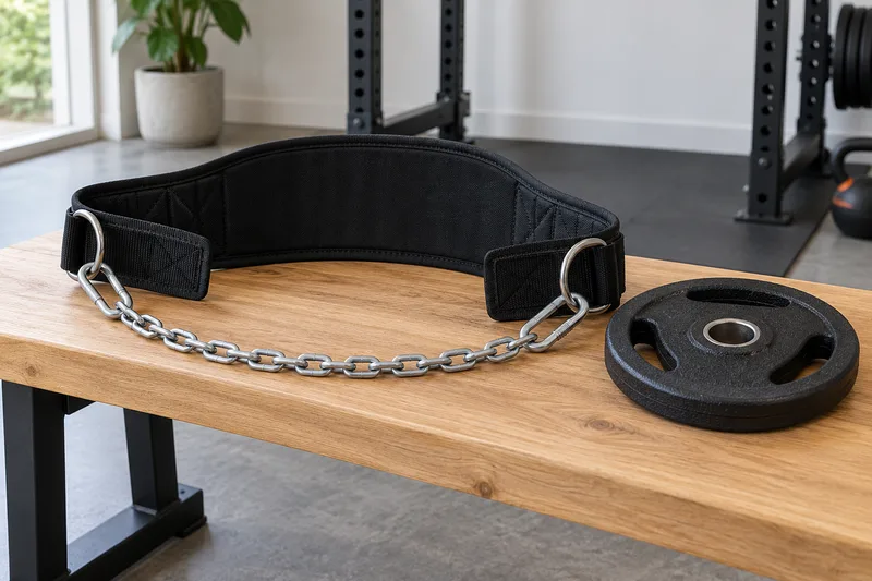 Een brede zwarte dipriem met ketting en karabiners naast een losse halterschijf.