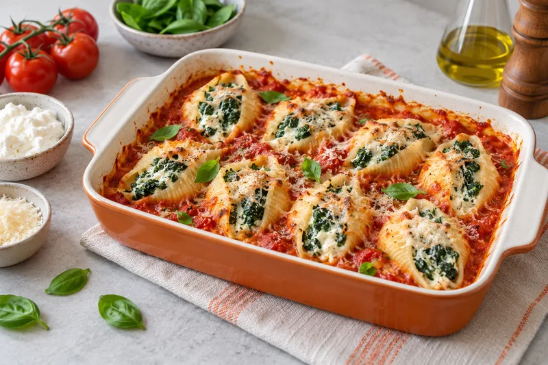 Grote pastaschelpen met spinazie en ricotta in een schaal tomatensaus.