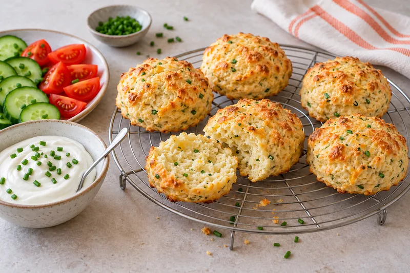 Ronde hartige scones met kaas en bieslook, met kwark en rauwkost erbij.