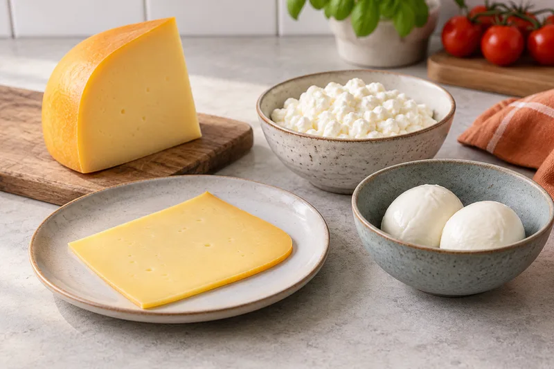 Een stuk gele kaas, een plak op een bord, hüttenkäse en witte mozzarellabollen.