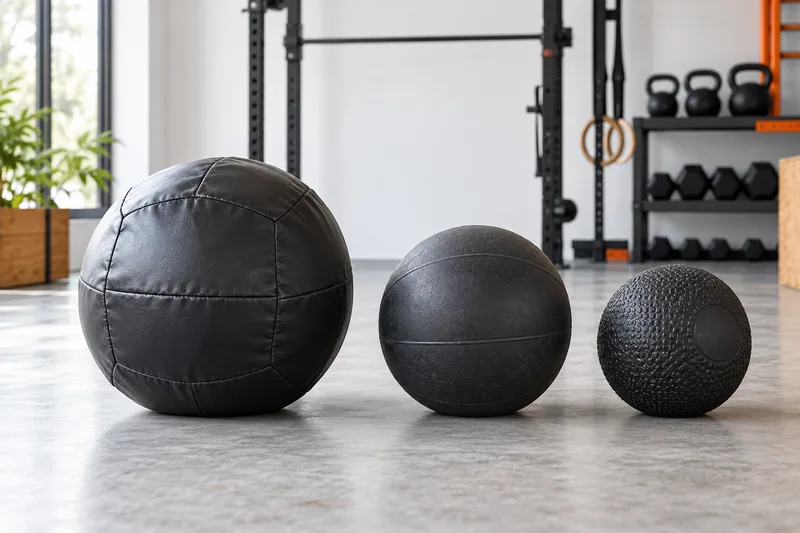 Drie gewogen trainingsballen met verschillende diameters en oppervlakken.