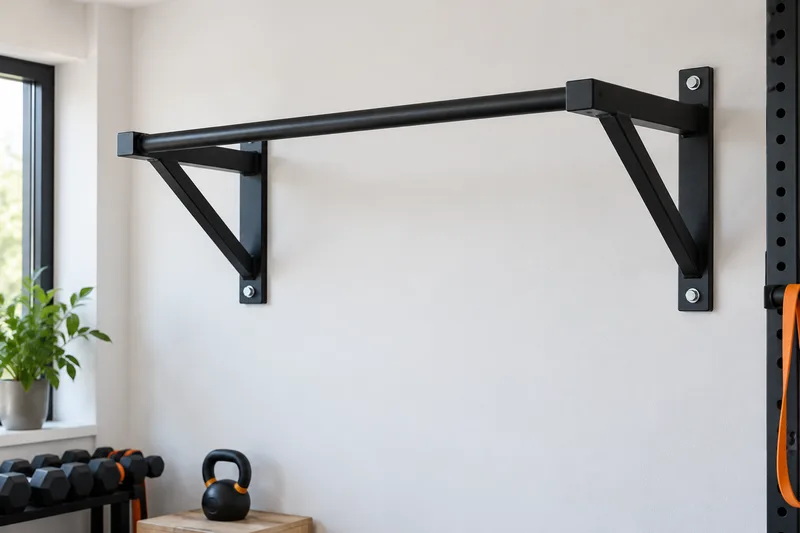Een zwarte optrekstang met twee driehoekige wandsteunen aan een lichte muur.