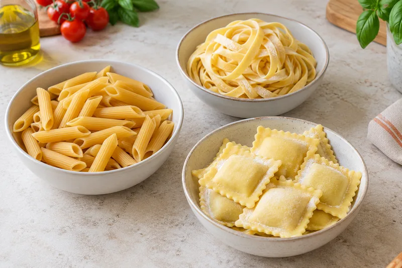 Droge penne, verse lintpasta en gevulde ravioli in drie losse schaaltjes.