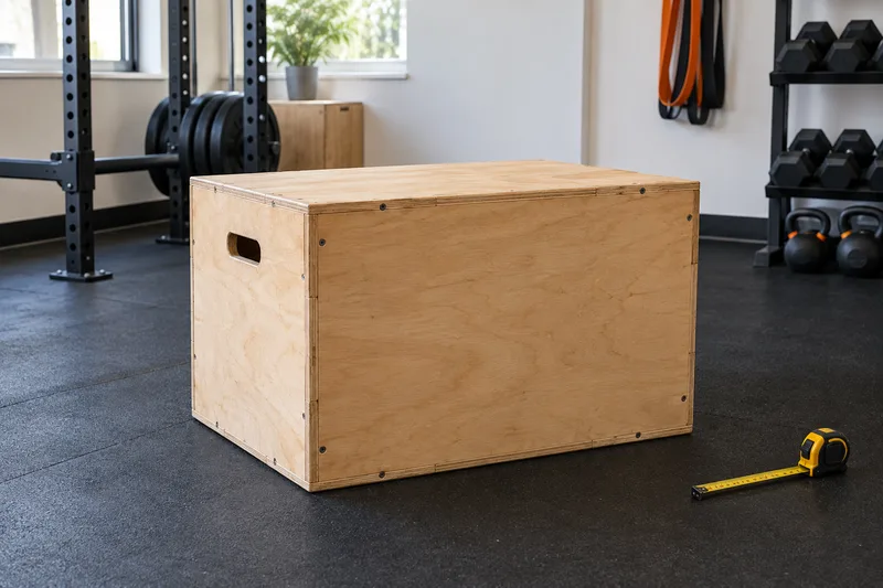Een rechthoekige houten plyobox met handopeningen naast een rolmaat op de vloer.