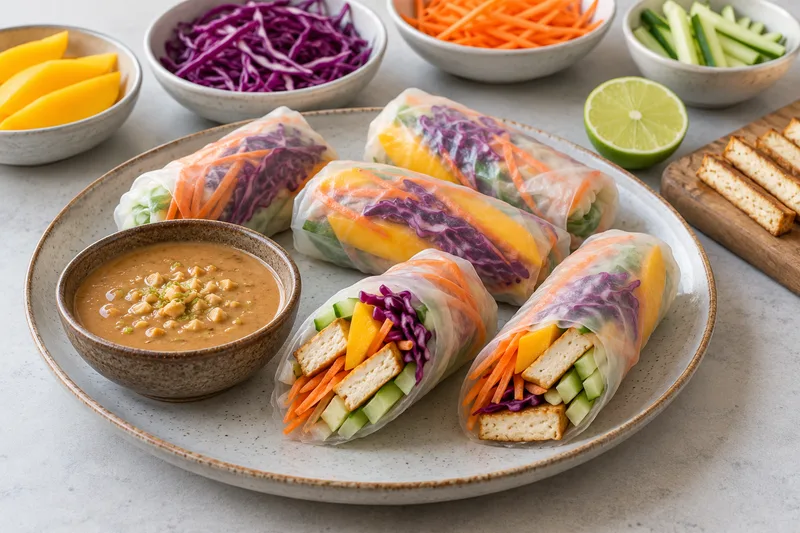 Doorschijnende rijstrollen met tofu, mango, rode kool en wortel naast pindadip.