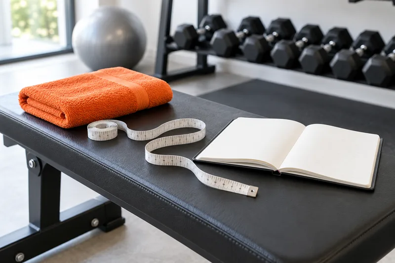 Een meetlint, oranje handdoek en open notitieboek op een trainingsbank.