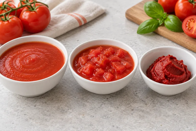 Gezeefde tomaten, tomatenstukjes met sap en een klein bergje dikke tomatenpuree.