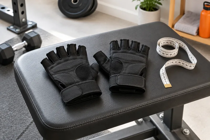 Een paar zwarte vingerloze trainingshandschoenen naast een meetlint op een bank.