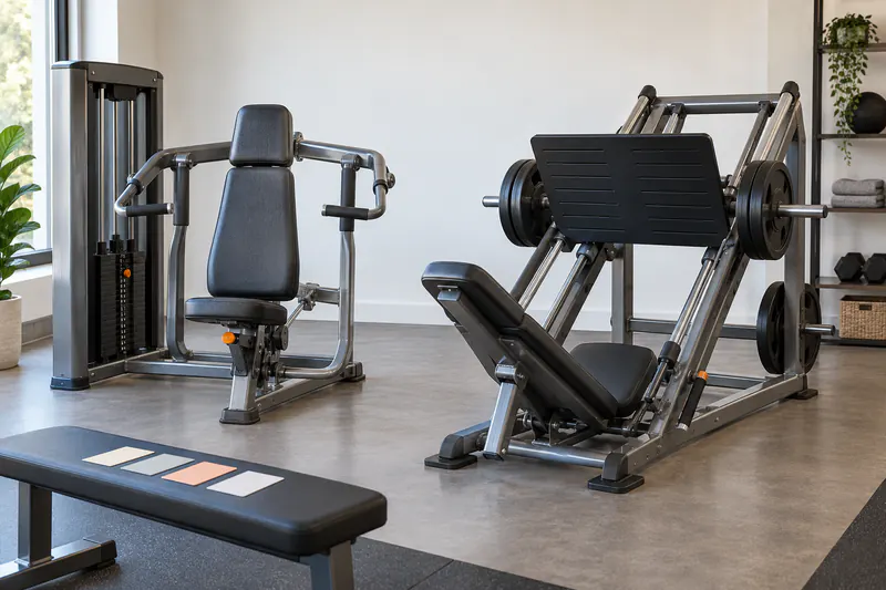 Een zittende chest press en schuine leg press naast een bank met vier blanco kaartjes.