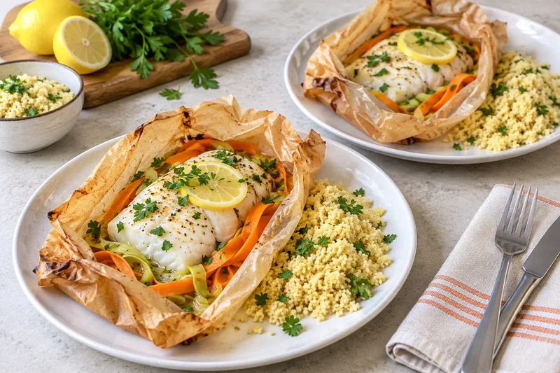 Witte vis met prei en wortel in open bakpapier, met couscous ernaast.
