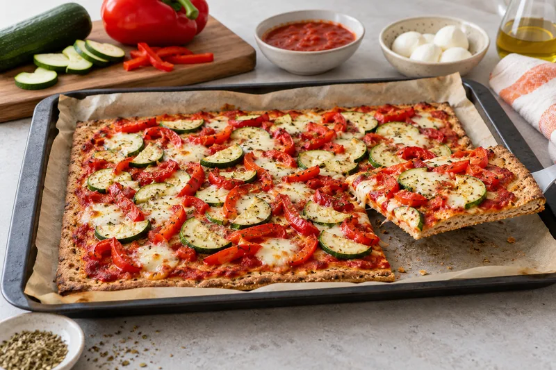 Een volkoren plaatpizza met paprika, courgette, tomatensaus en mozzarella.