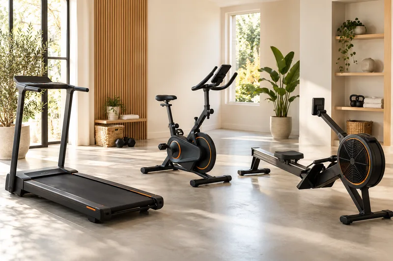 Loopband, hometrainer en roeimachine in een ruimte