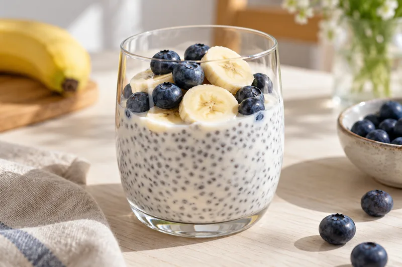 Glas met chia, yoghurt, banaan en blauwe bessen