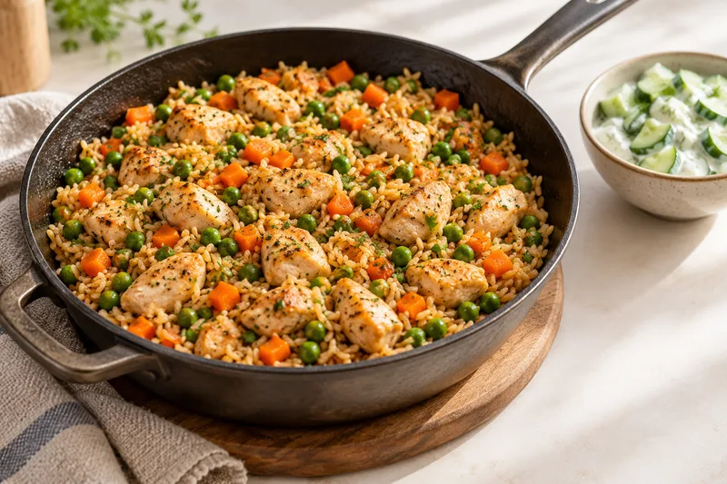 Rijstgerecht met kip en doperwten naast komkommer met yoghurt