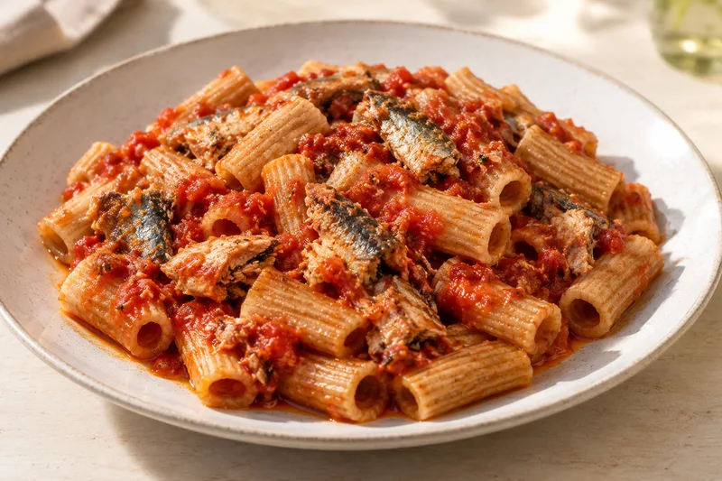 Pasta met tomatensaus en stukjes vis