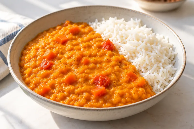 Dahl met rijst in een kom