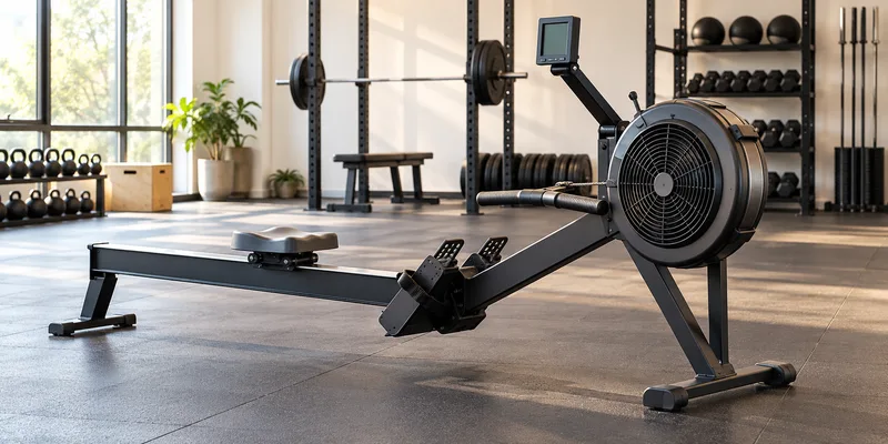Roeimachine met vliegwiel en scherm in een lichte fitnessruimte