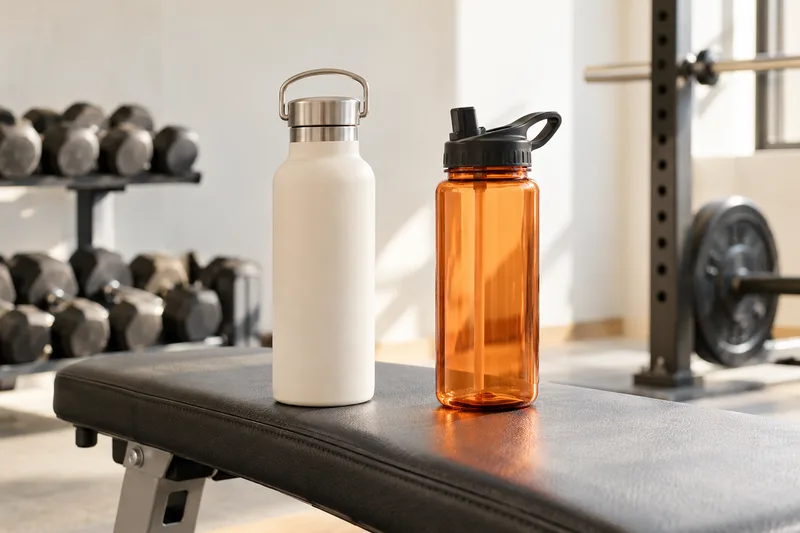 Twee drinkflessen op een fitnessbank
