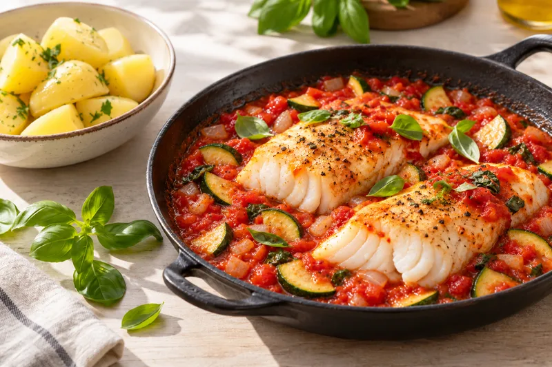 Visfilets op tomatensaus met courgette, naast gekookte aardappelen