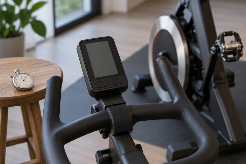 Fietsdisplay en stopwatch naast het vliegwiel van een hometrainer